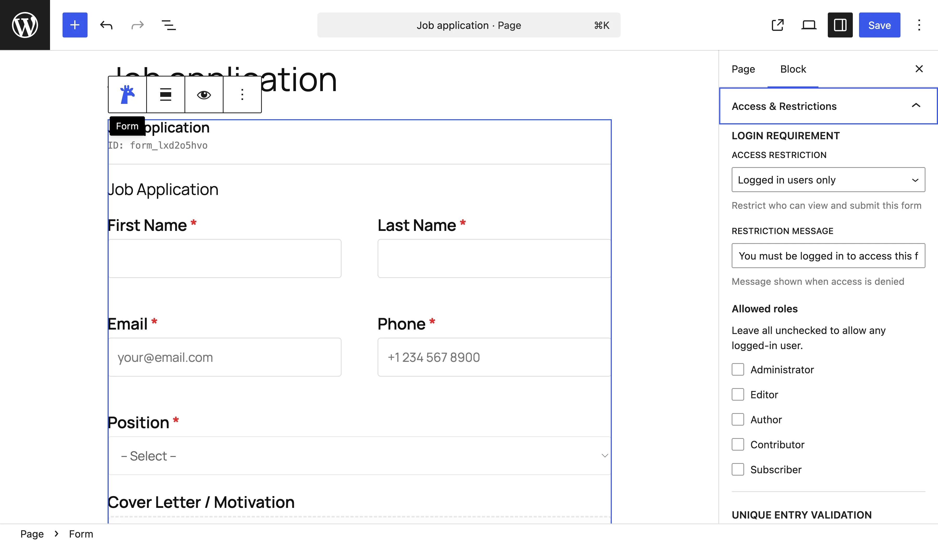 Access restrictions feature screenshot
