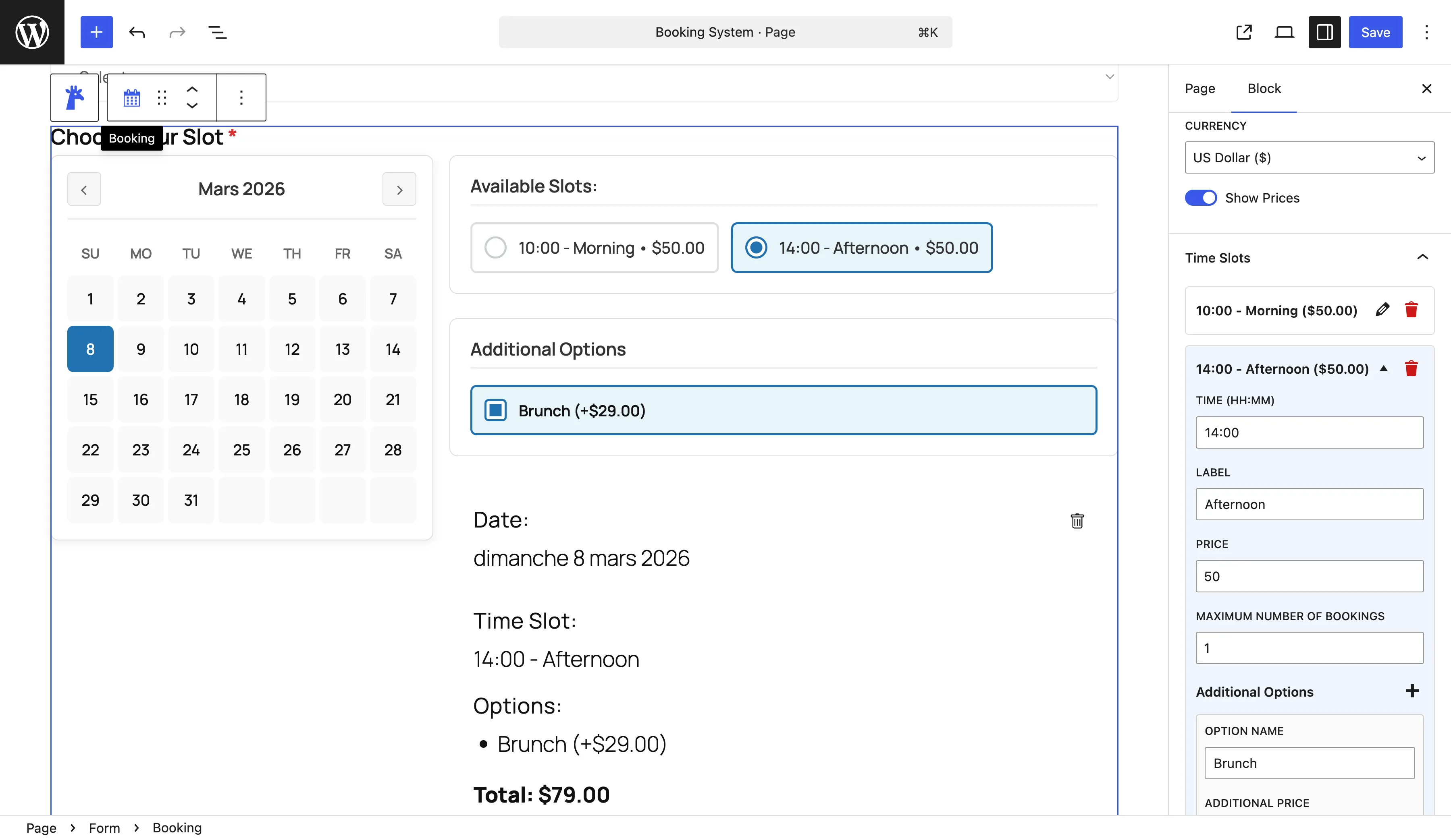Booking and calendar feature screenshot