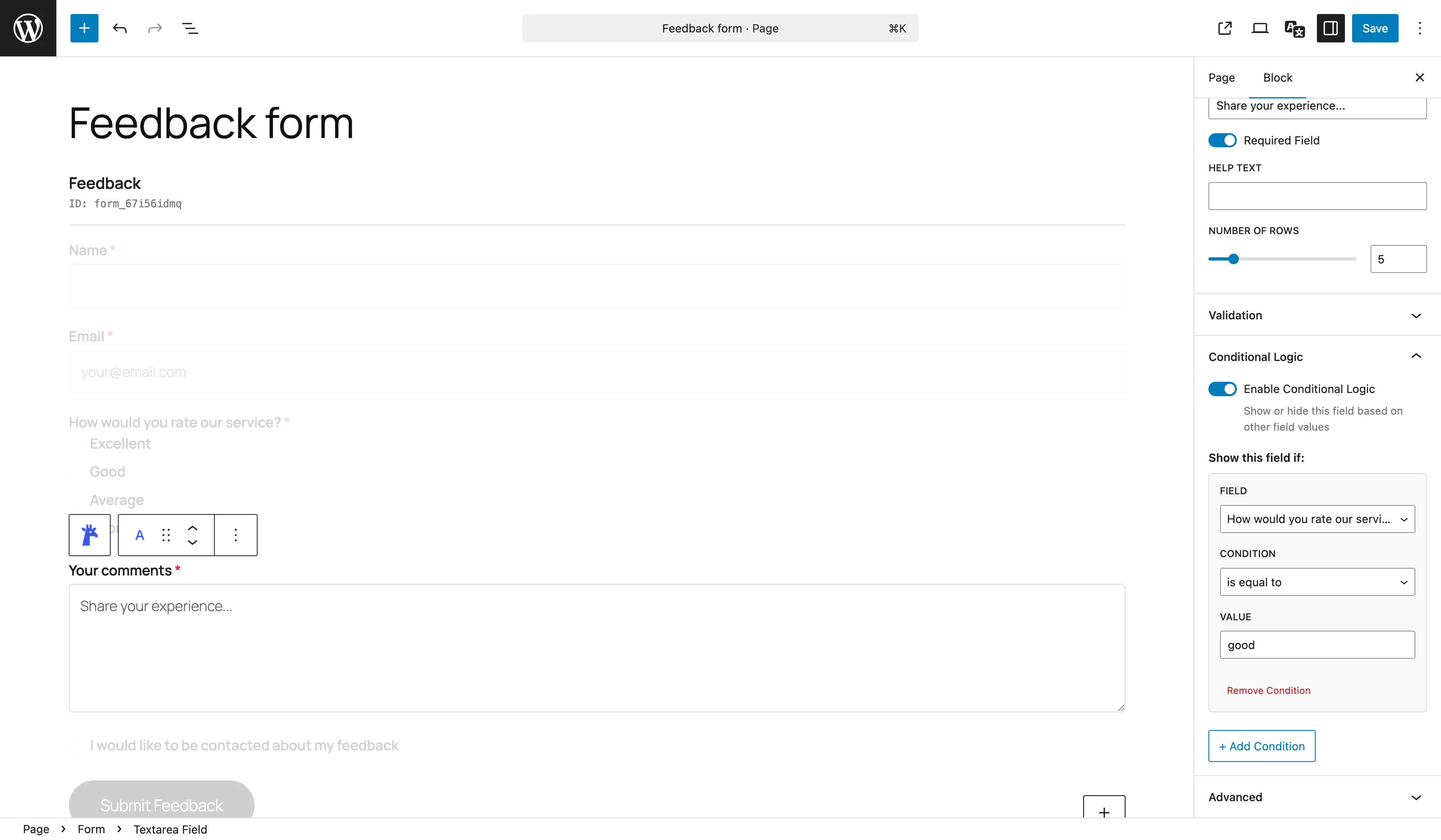 Conditional Logic panel in the block inspector with rules configuration