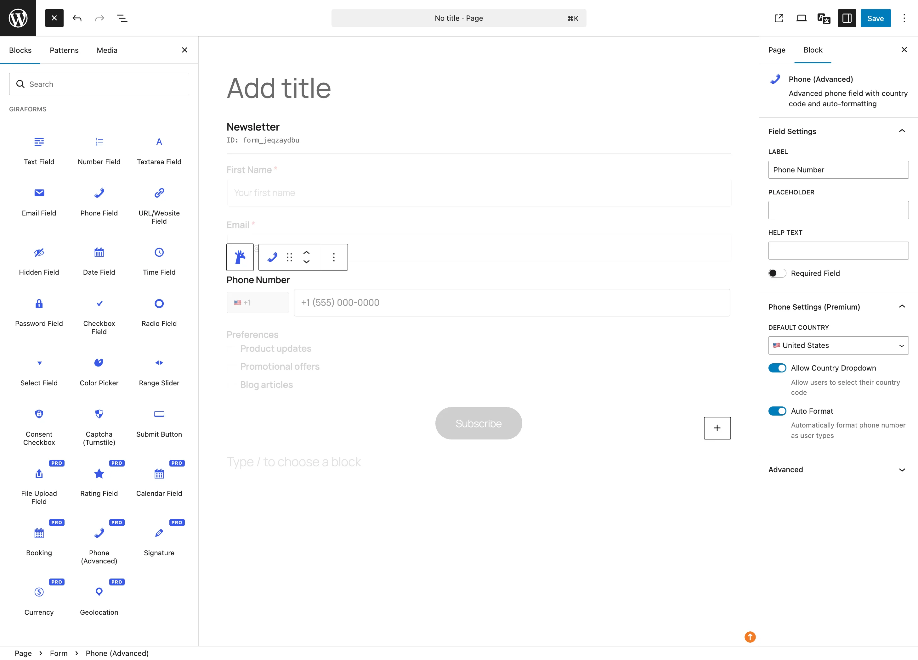 Premium field blocks in the block inserter with Pro labels
