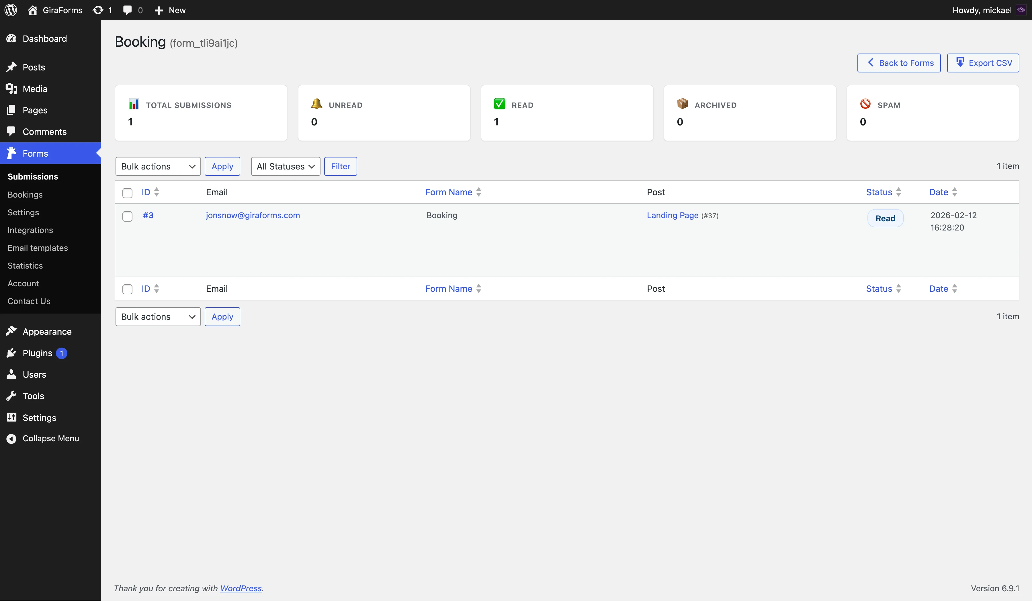 The submissions list in the WordPress admin panel